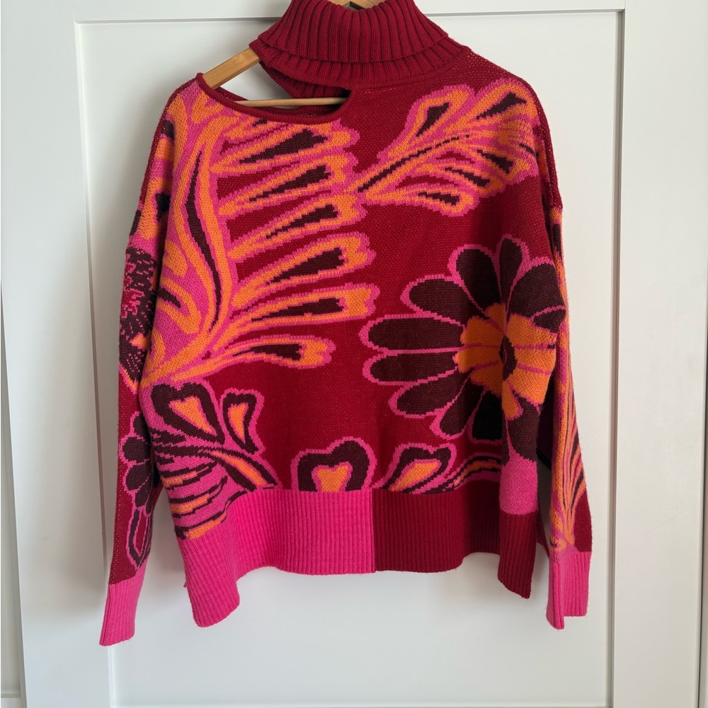 FARM Rio Red and Pink Floral Turtleneck Sweater